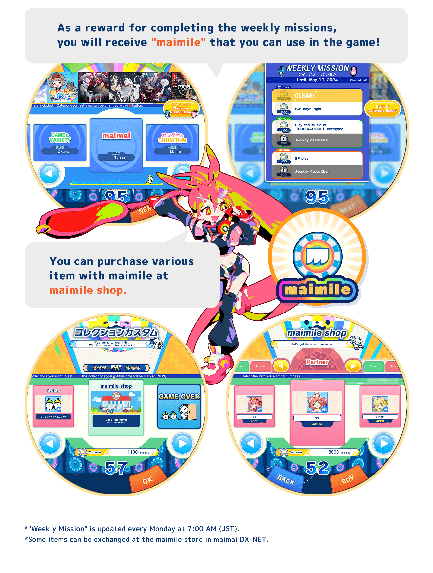 As a reward for commpleting the weekly missions,
          you will receive "maimile" that you can use in the game!
          You can purchase various item with maimile at maimile shop
          *"Weekly Mission" is updated every Monday at 7:00 AM (JST).
          *Some items can be exchanged at the maimile store in maimai DX-NET.